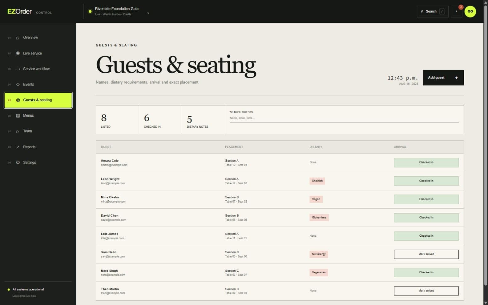 EZOrder guest and seating view showing placement, dietary notes and check-in status