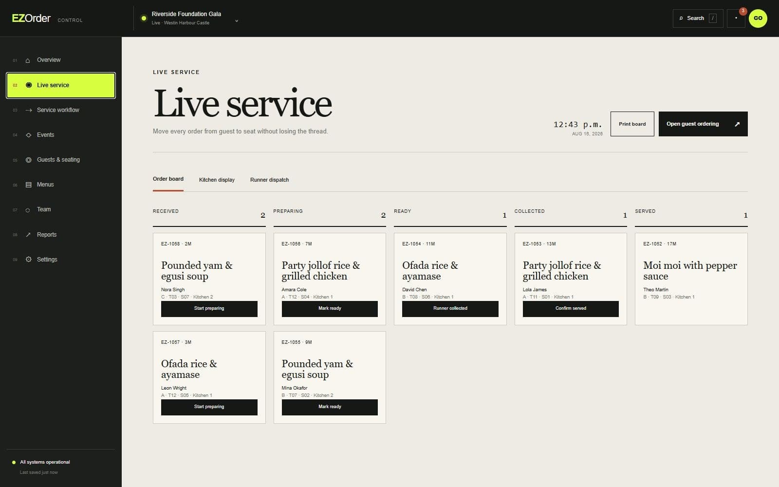 EZOrder live service board with orders arranged by operational status